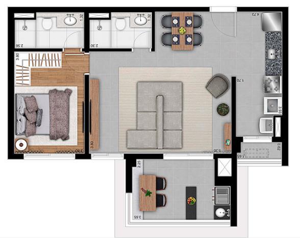 Imagem da opção de planta de 69m² com 1 suíte e lavabo no Astral Saúde