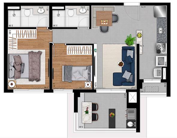 Imagem da opção de planta de 69m² com 2 dormitórios no Astral Saúde
