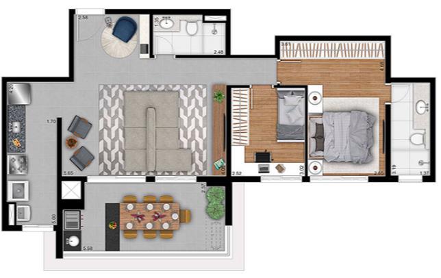 Imagem da opção de planta de 94m² com 2 dormitórios sendo uma suíte no Astral Saúde