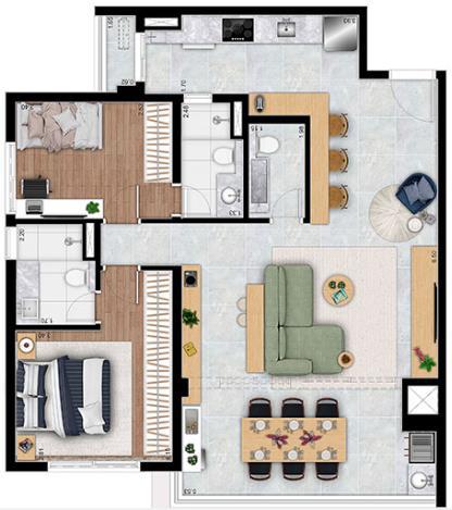 Imagem da opção de planta de 94m² com 2 suítes e com lavabo no Astral Saúde