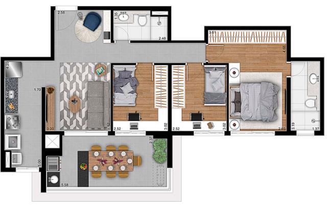 Imagem da opção de planta de 94m² com 3 dormitórios sendo uma suíte no Astral Saúde