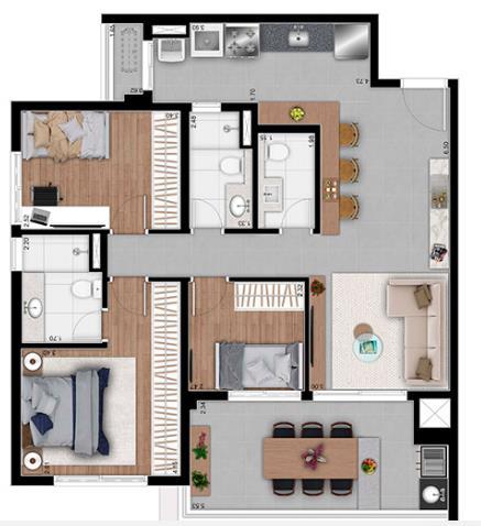 Imagem da opção de planta de 94m² com 3 dormitórios sendo uma suíte, e com lavabo no Astral Saúde