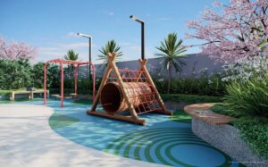Imagem ilustrativa do playground com brinquedos, espaço para brincar e banco para os pais sentarem. Rodeado de paisagismo