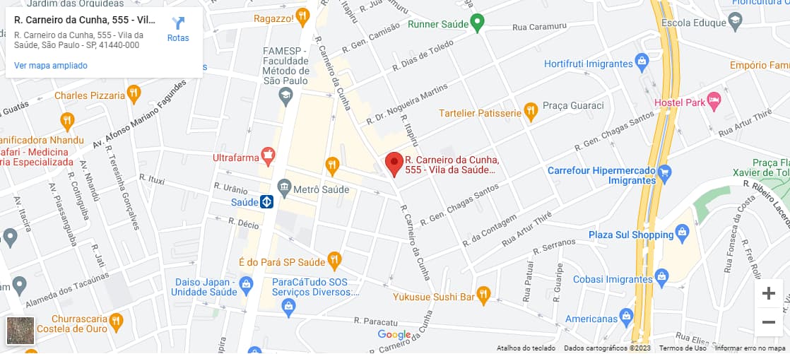 Mapa com a localização do condomínio de apartamentos Astral Saúde a 450m do metrô e a uma quadra do Pão de Açúcar, Mercado Extra, farmácias, numa região próxima a rico comércios e serviços